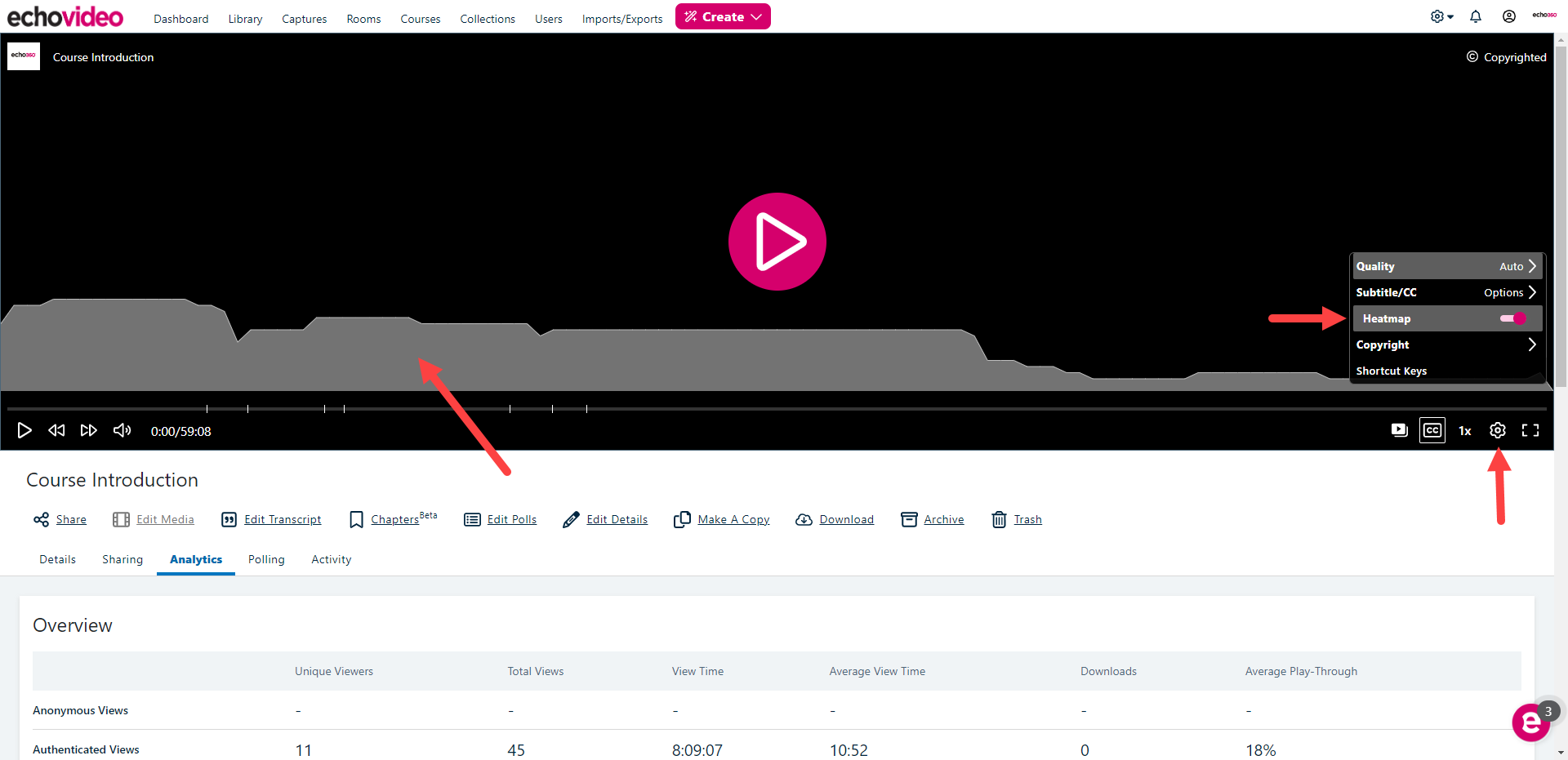 Media details page with Settings icon identified and settings menu open with heatmap on and overlay showing on playback panel as described