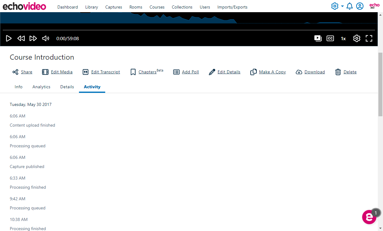 Activity tab of the media details page showing capture completion and processing and publishing information as described