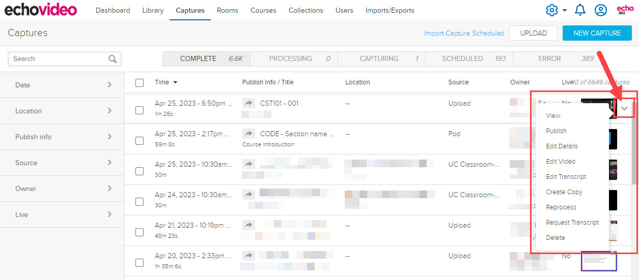 completed captures list identifying chevron menu and associated commands as described