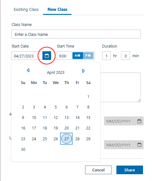 Share to New Class options selected with Date field active and Calendar date picker showing as described