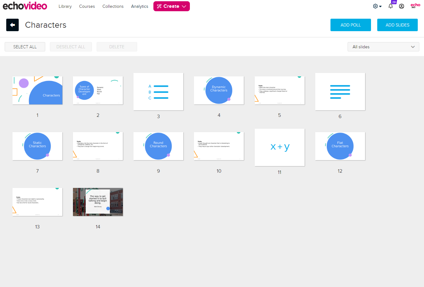 Edit presentation window showing all slides in the selected deck as described