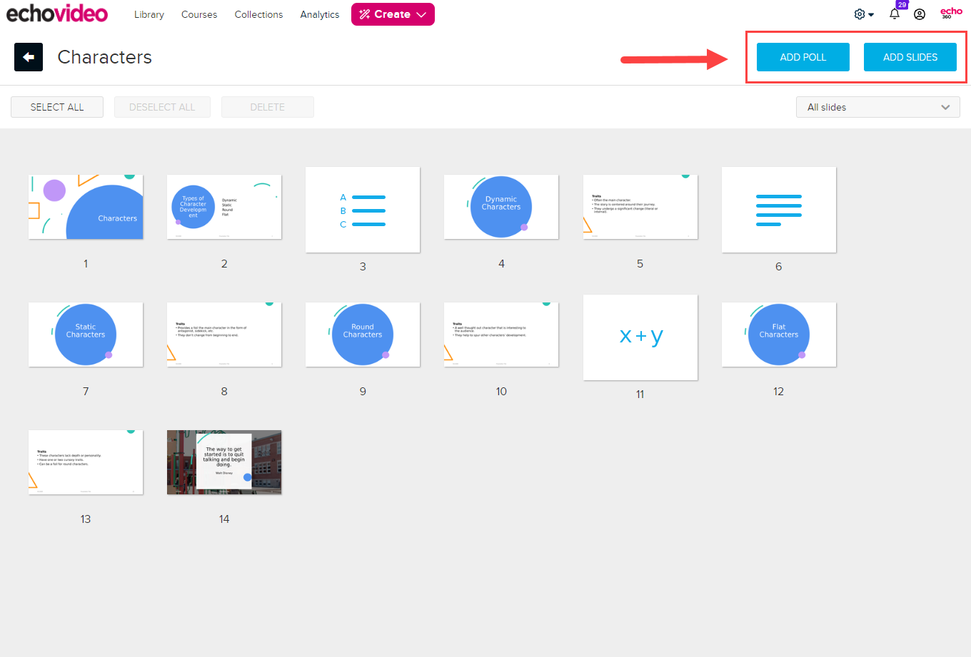 Edit presentation page with Add Poll and Add Slide buttons identified as described