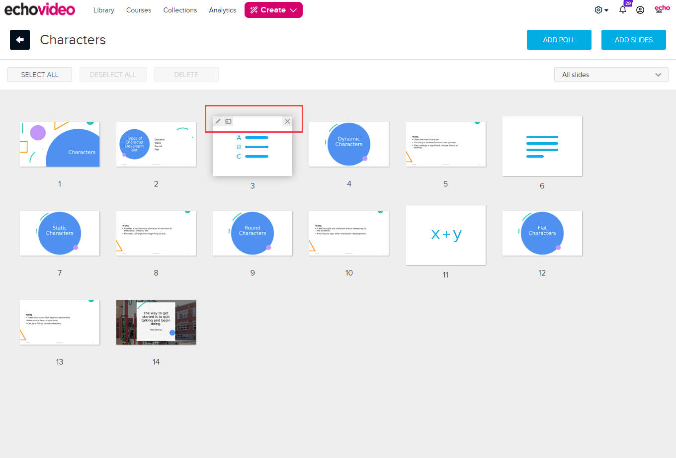 Edit presentation page with edit and view and delete buttons for a polling slide identified as described