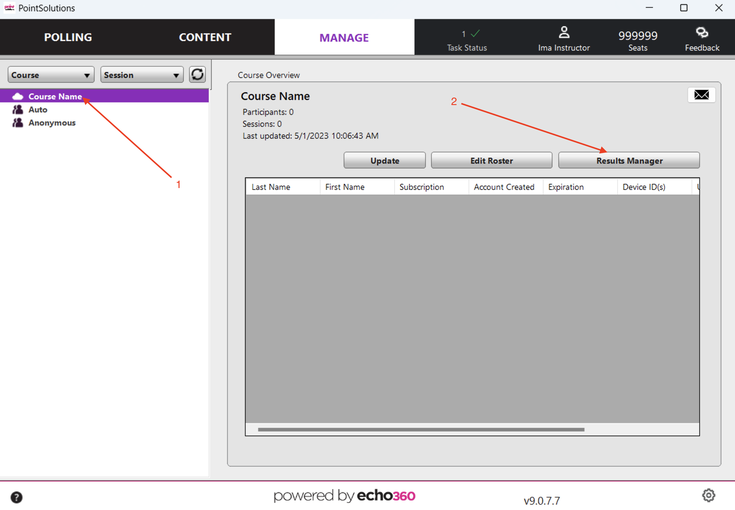 PointSolutions application pointing to course name and results manager button.