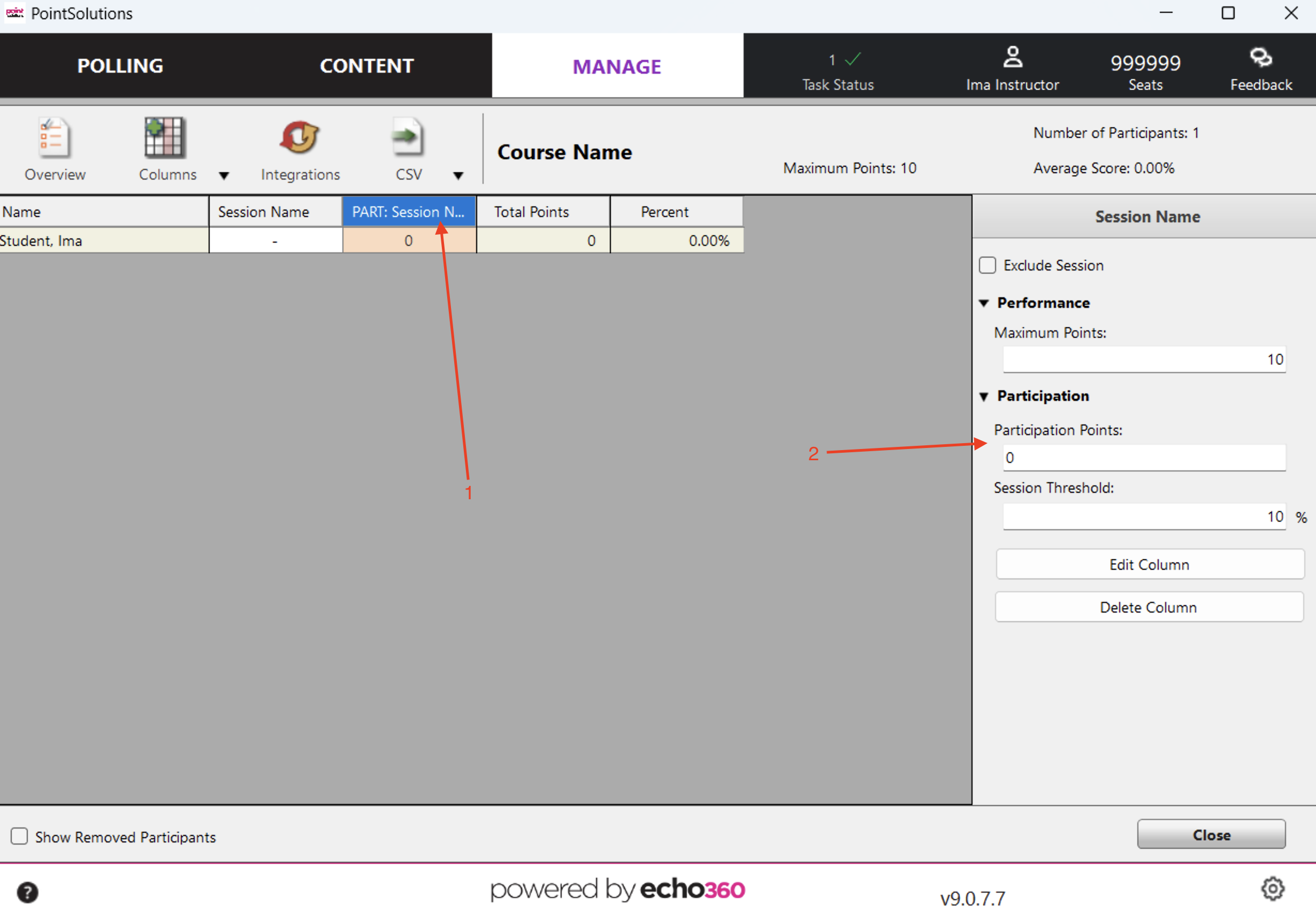 Results manager with session selected pointing to session name and participation points.