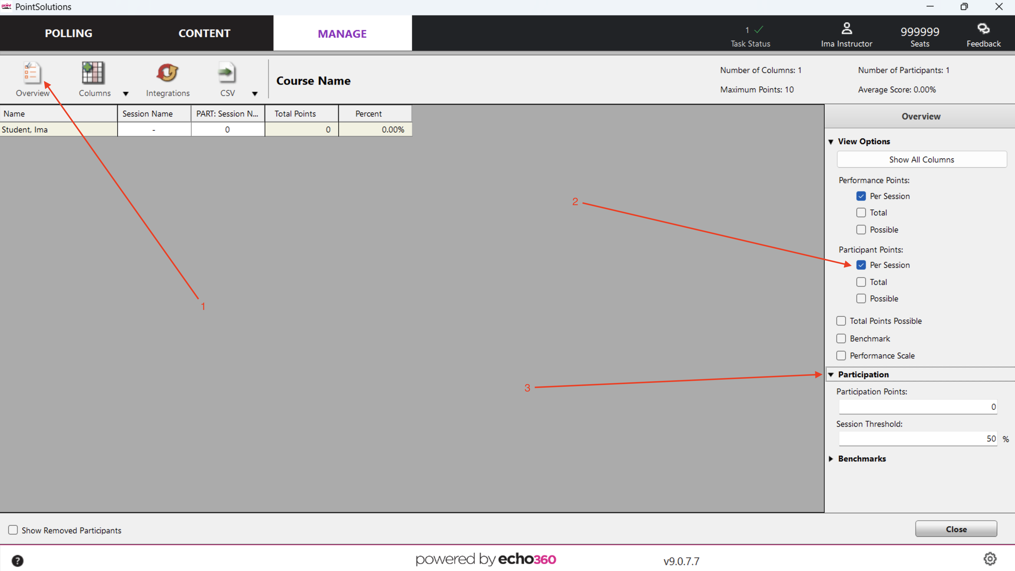 Results Manager pointing to Overview button, view participation points per session button, and the participation drop down as described