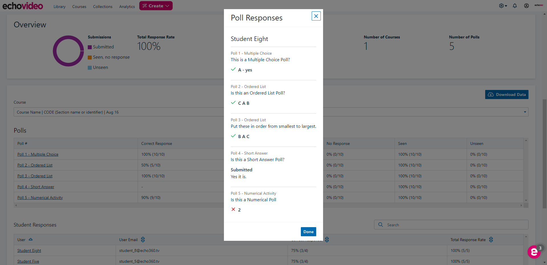popup modal showing the selected student's responses to all polls in the media as described