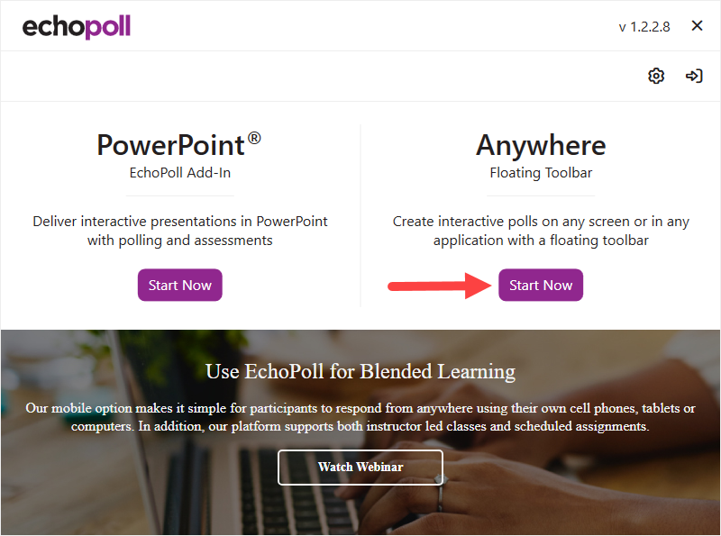 EchoPoll Desktop Companion App with Start Now identified as described