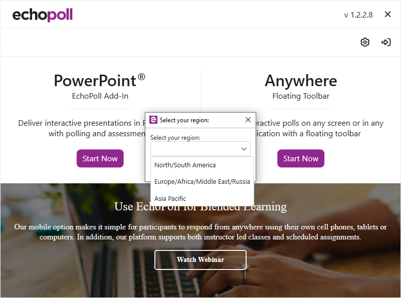 EchoPoll Desktop Companion App with available regions identified as described