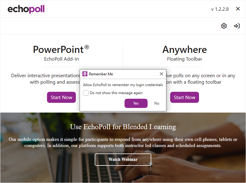 EchoPoll and PointSolutions log in screen shown with Remember Me box as described