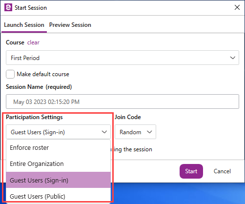 Anywere Polling Start Session with Paticipation Settings section identified as described