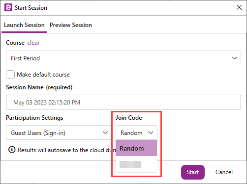 Anywere Polling Start Session with Join Code section identified as described