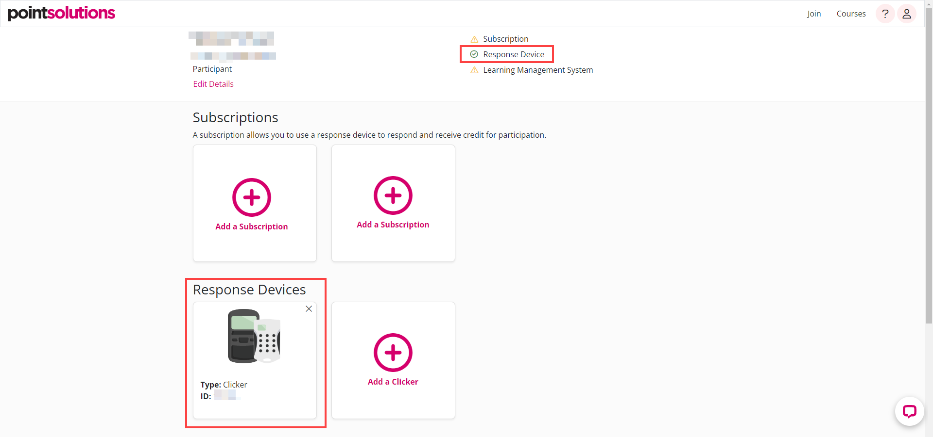 Clicker ID shows under Response Devices and green checkmark is displayed next to Reponses Devices at the top of the screen identified as described