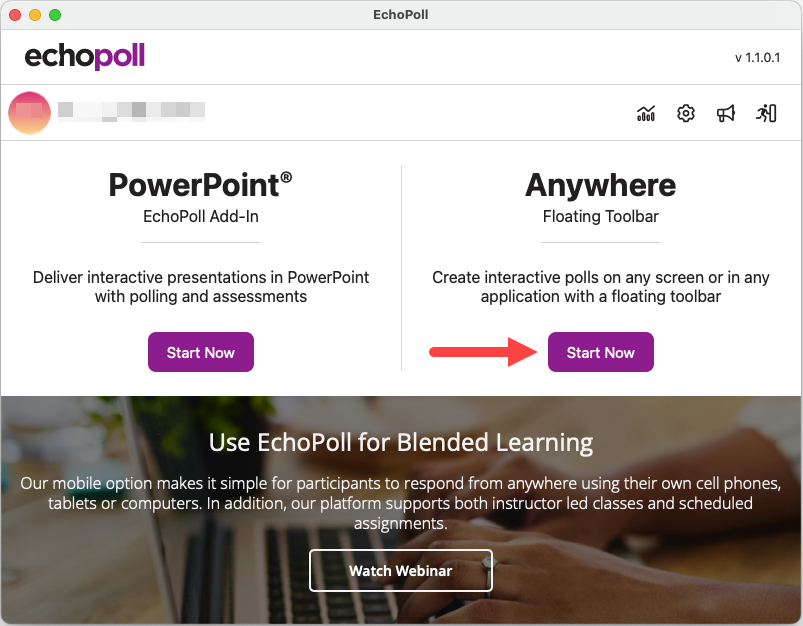 EchoPoll Desktop Companion App with Start Now identified as described