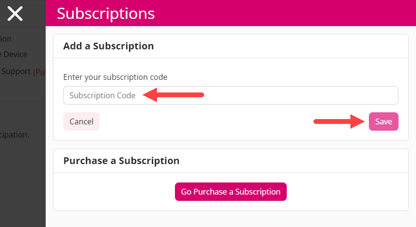 Subscription Code box and Save button identified as described