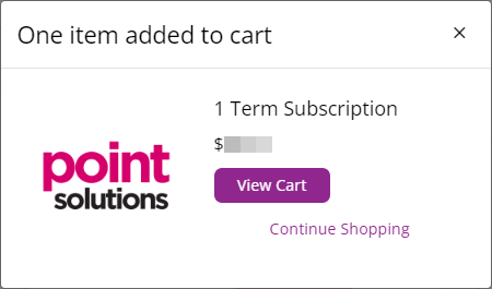 Confirmation message of item added to cart with View Cart button and Continue Shopping link as described