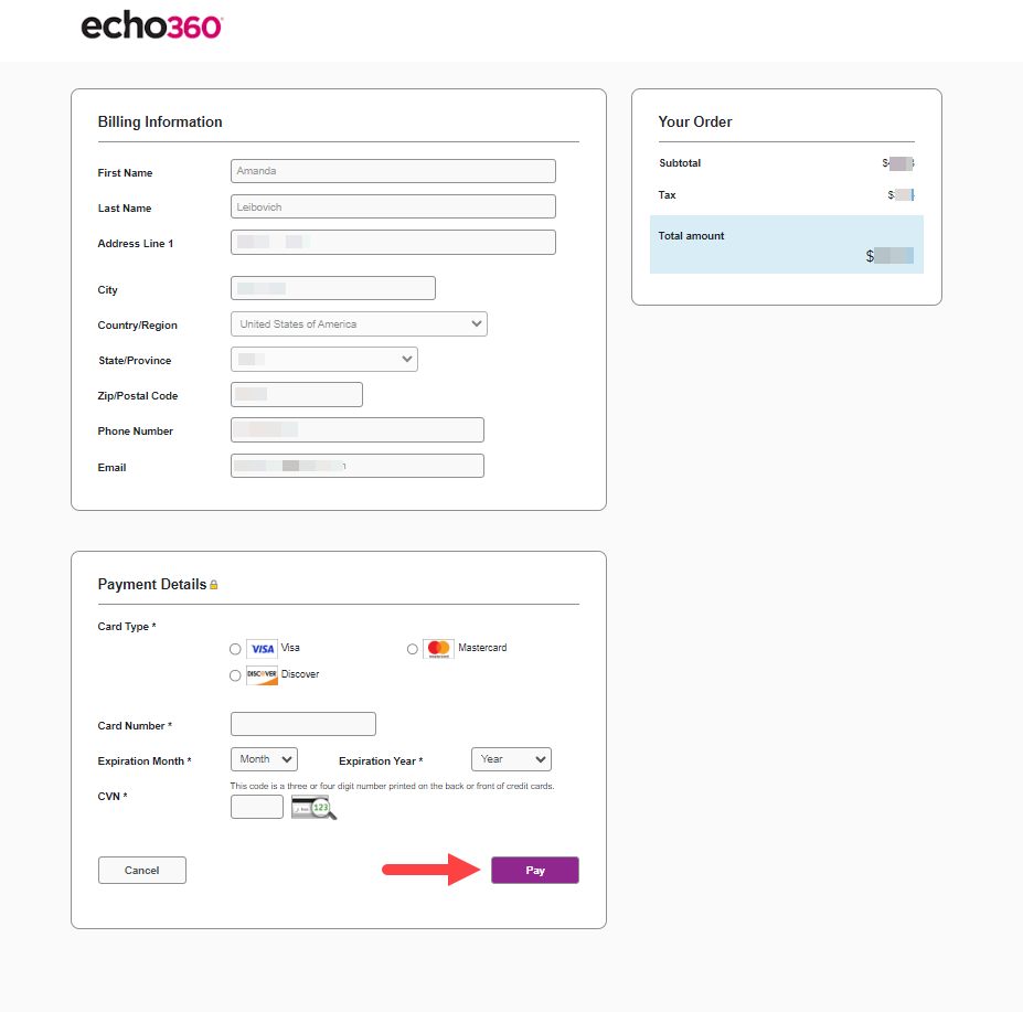 Payment Details window with required fields and Pay button identified as described