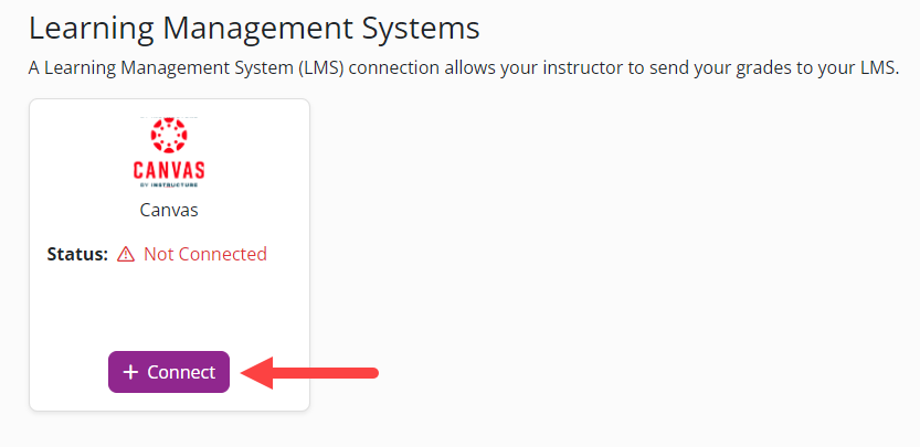 Connect button under Learning Management Systems identified as described
