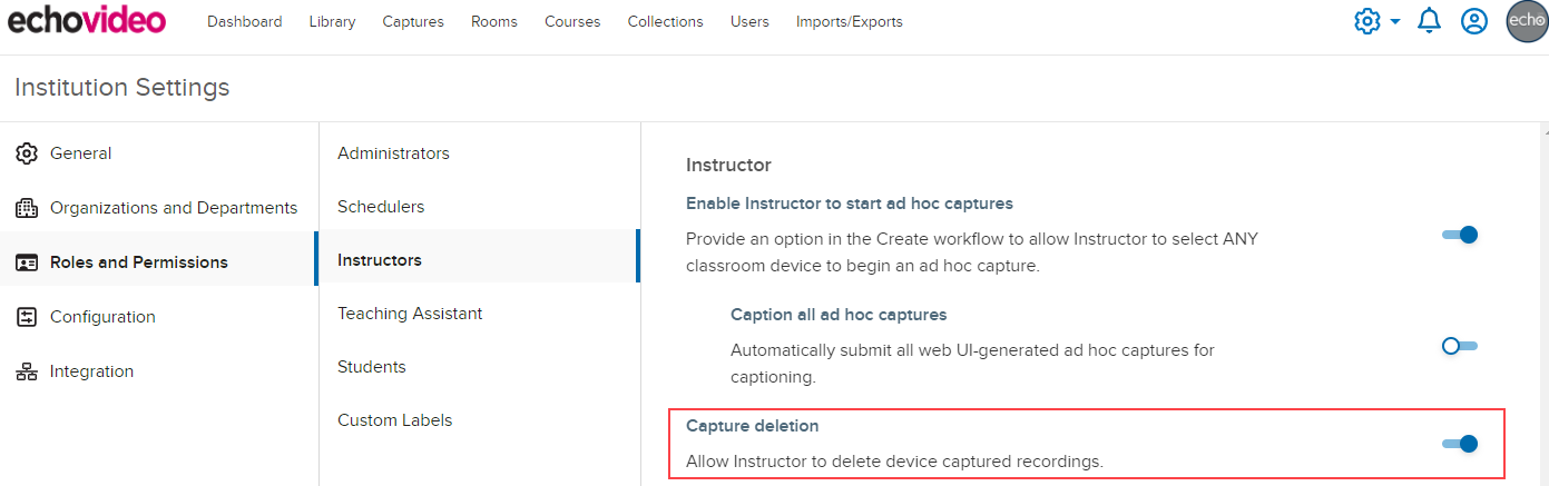 The Roles and Premissions Instructor page with the Capture Deletion option highlighted.