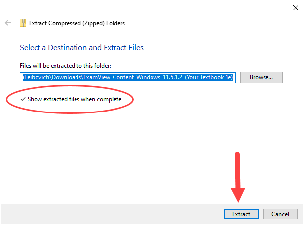 Show extracted file when completed button and Extract button identified as described