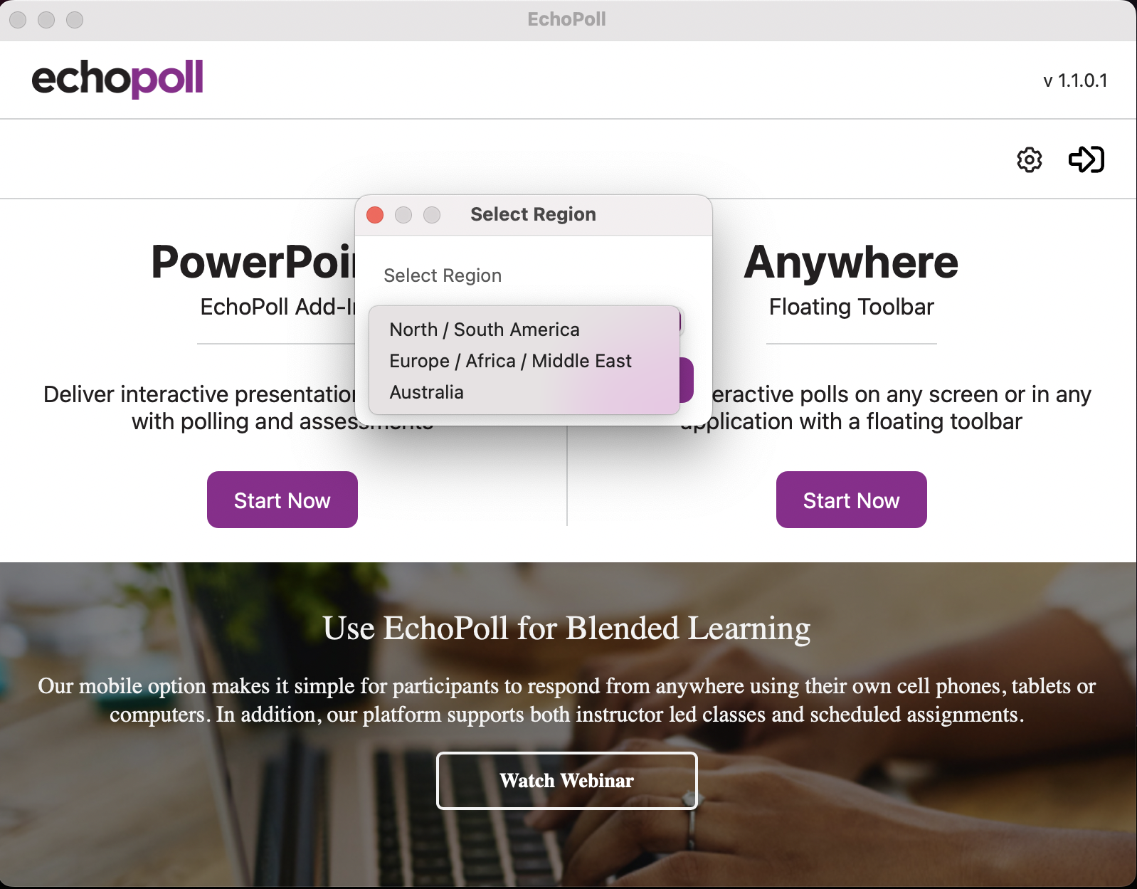EchoPoll Desktop Companion App with available regions identified as described