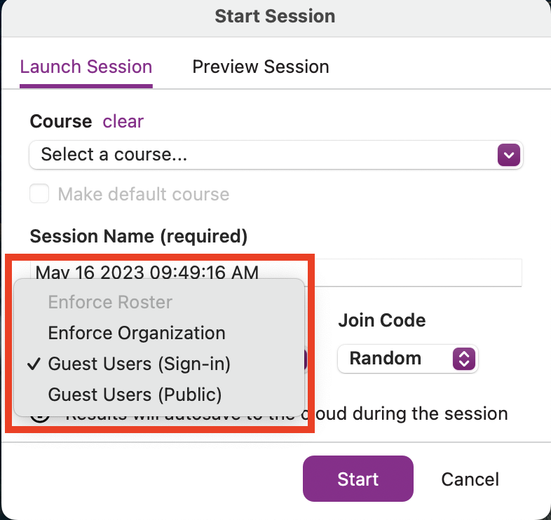 Anywere Polling Start Session with Paticipation Settings section identified as described