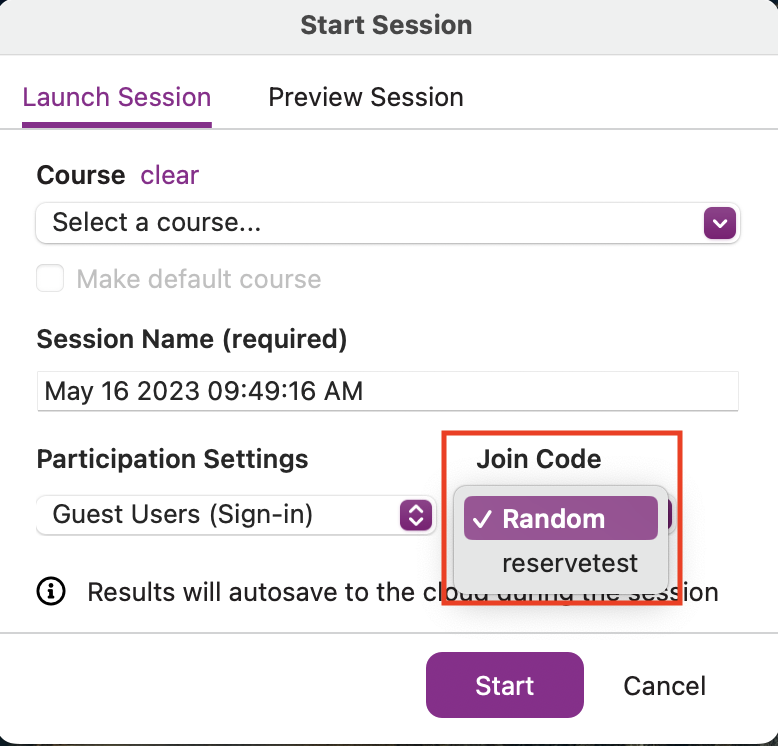 Anywere Polling Start Session with Join Code section identified as described