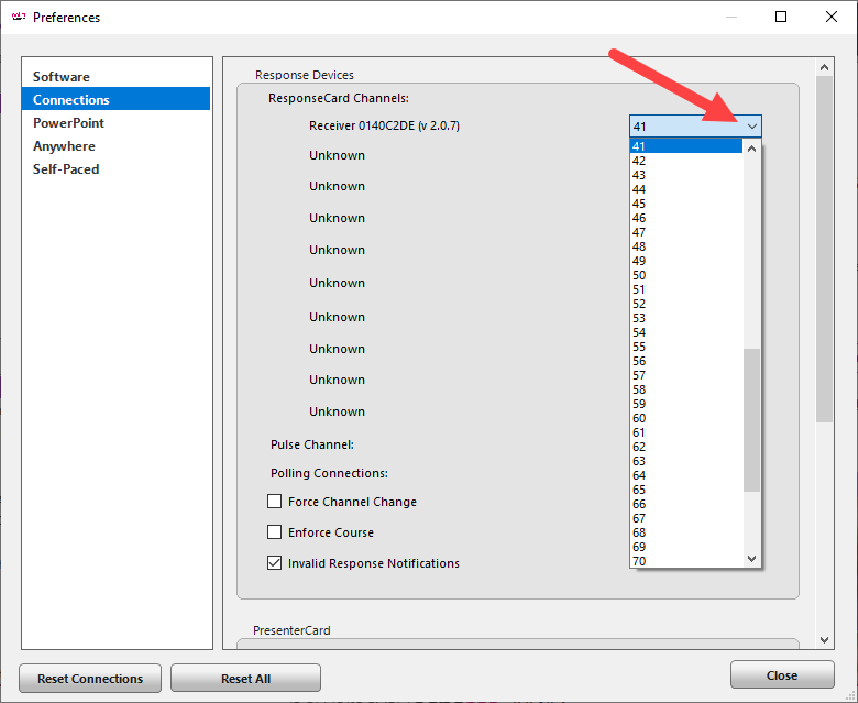 Drop-down menu under ResponseCard Channels indentified as described