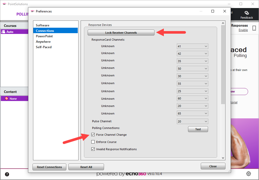 Connections Preferences open with Lock Recevier Channels and Force Channel Change identified as described