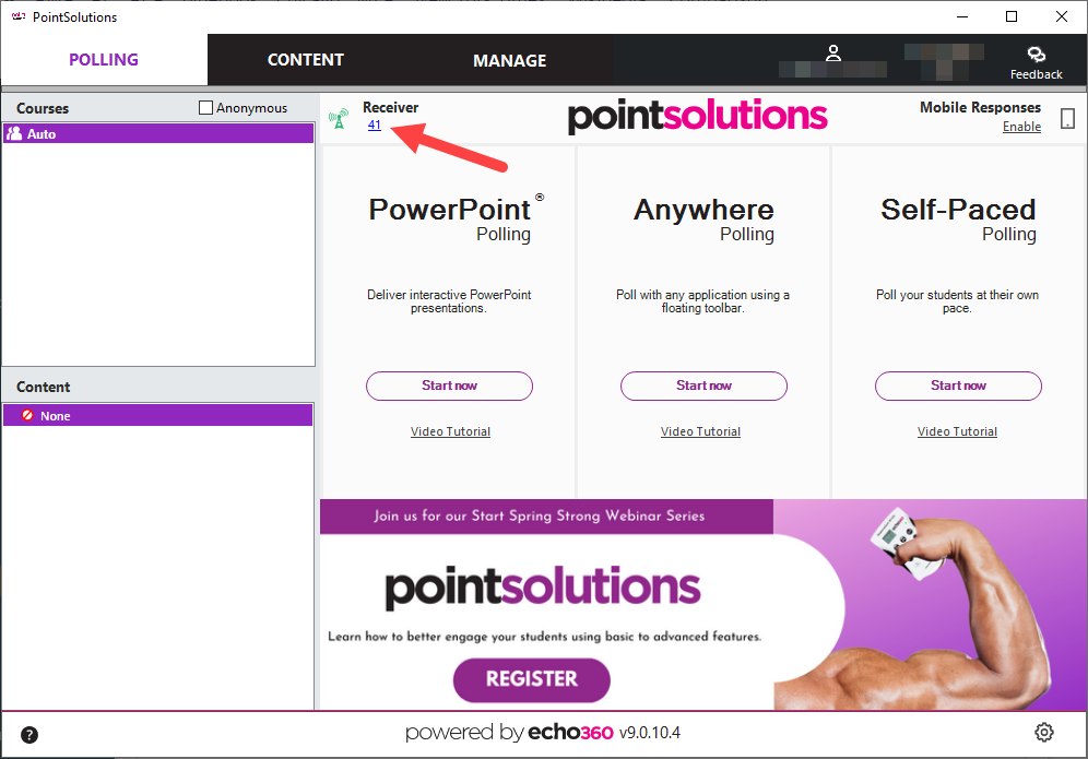 Dashboard connection area with Receiver Channel identified as described