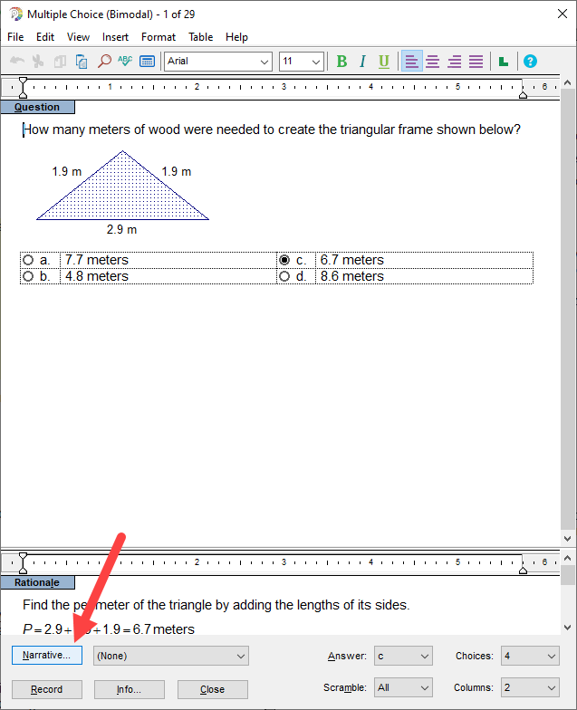 Edit Question window with Narrative button identfied as described