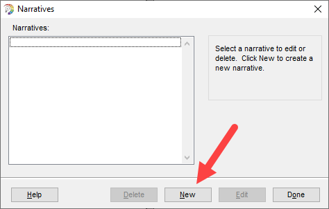 Narratives window with New button identified as described
