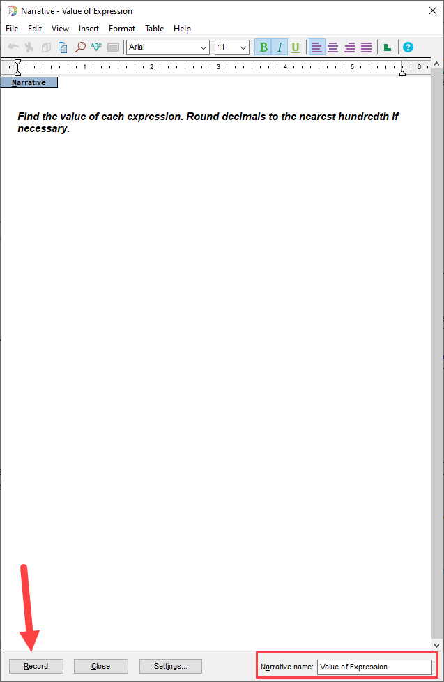 Edit Narrative window with Narrative name box and Record button identified as described