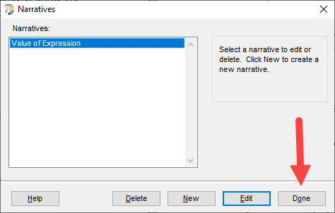 Narratives window with Done button identified as described