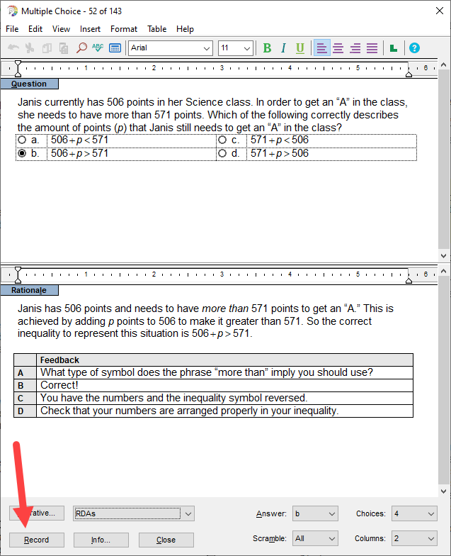 Edit Question window with Record button identfied as described