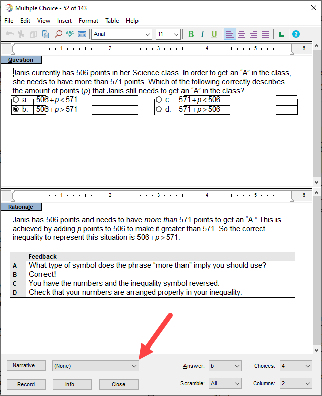 Edit Question window with Narrative drop down identfied as described