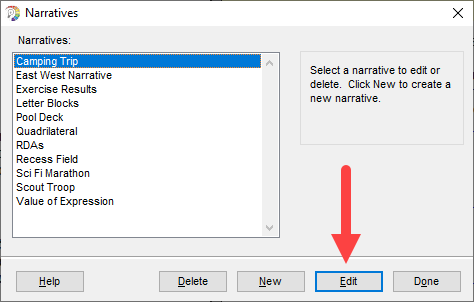 Narratives window with narrative selected and Edit button identified as described