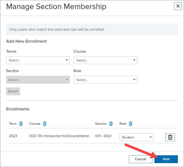 Manage Section Membership with Enrollment displayed and Add button identified as described