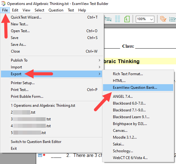 ExamView Test Generator with File > Export > ExamView Question Bank path identified as described