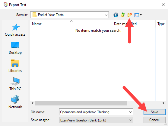ExamView Test Generator Export Test Save screen identified as described