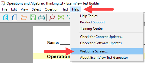 ExamView Test Generator with Help > Welcome Screen path identified as described