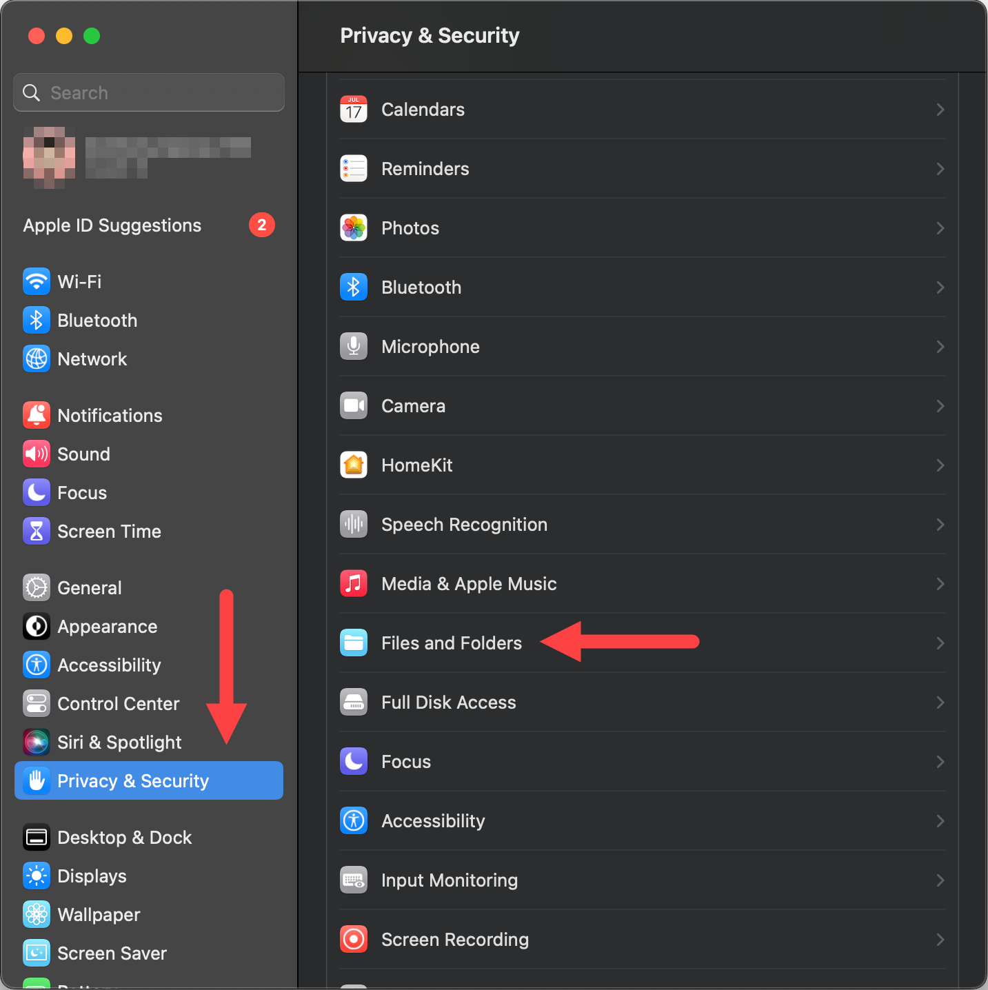 Files and Folders in Privacy & Security identified in System Preferences as described