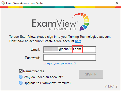 The ExamView log in screen with an email address with no extra spaces as described
