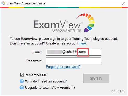 The ExamView log in screen with an email address with an extra space as described