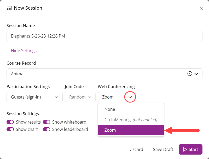Session settings with Web Conferencing dropdown and Zoom identified as described