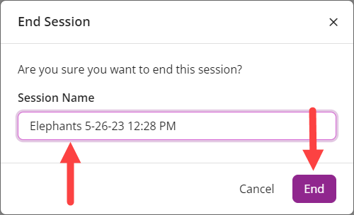 Session name and End button identified as described