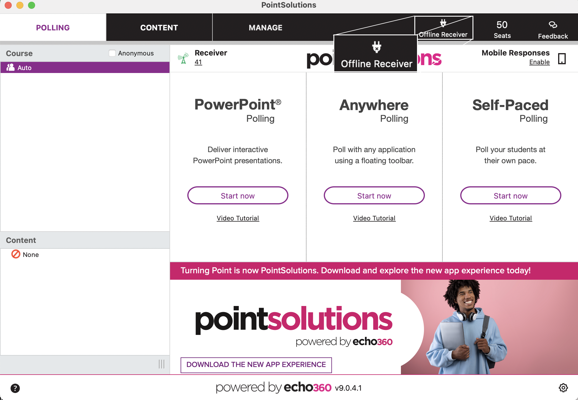 PointSolutions dashboard with Offline Receiver identified and magnified as described