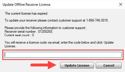 PointSolutions Update Offline Receiver License windows with Update License button identified as described