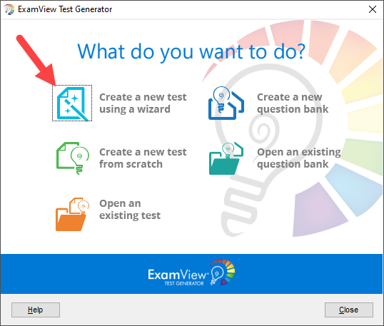 The What do you want to do window with the Create a new test using the wizard option identified as described