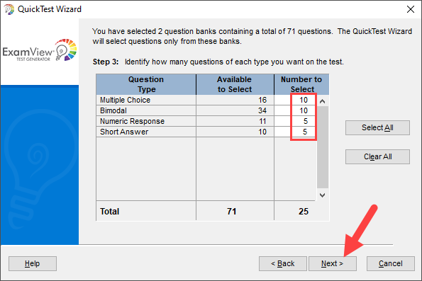 Quick Test Wizard with Number of Questions to select and Next button identified as described